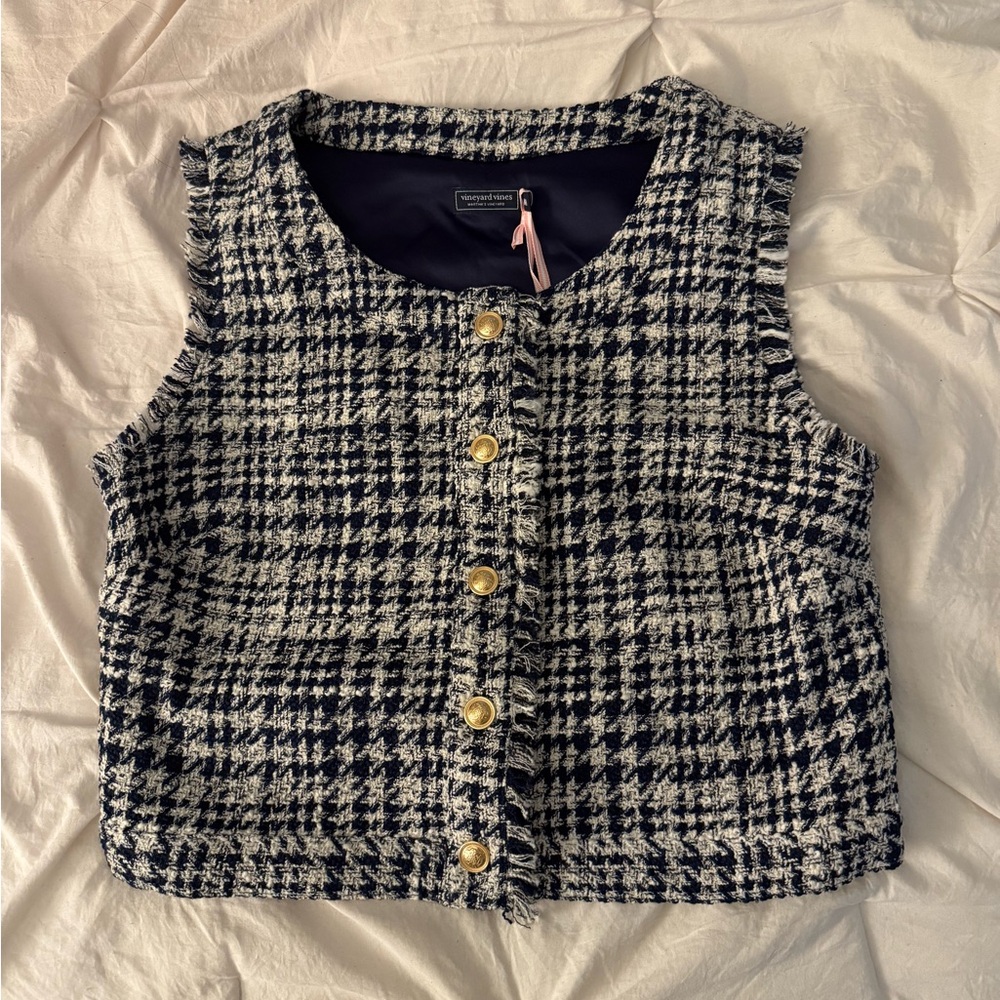 Vineyard Vines Navy and White Houndstooth Tweed Blouse